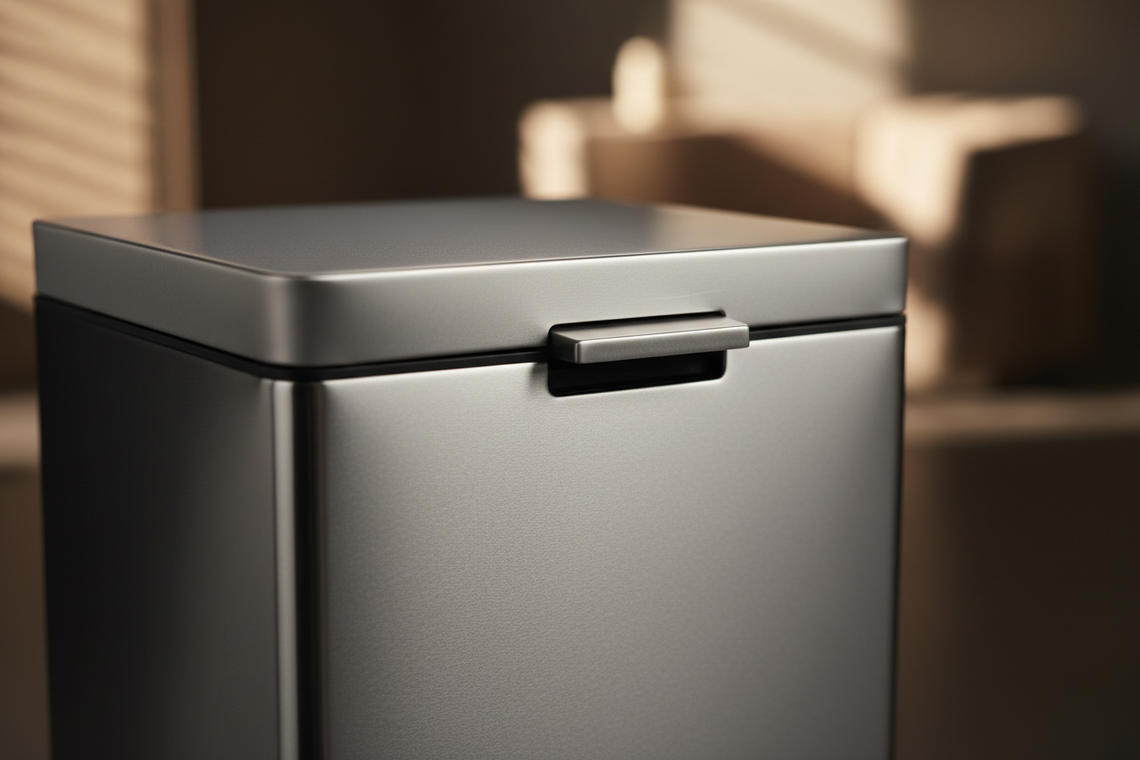 détail matière (acier, finition mate, ouverture) pour montrer poubelle haut de gamme