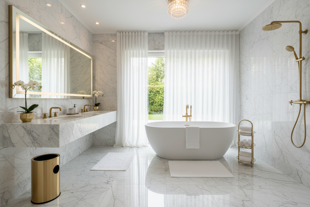 Salle de bain de luxe avec poubelle sur le côté